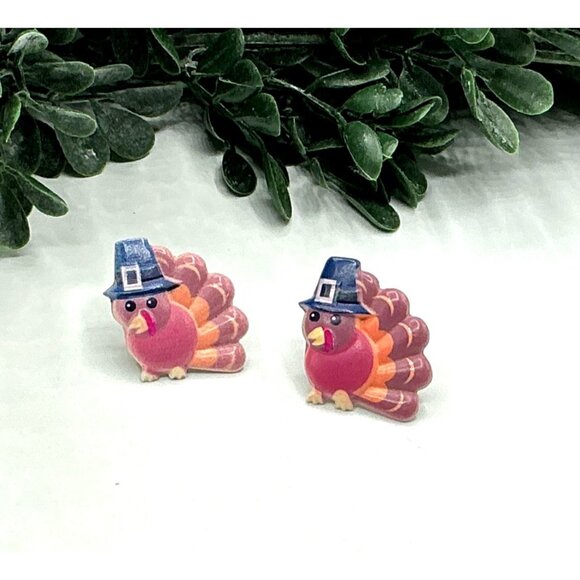 Thanksgiving Turkey Stud Earrings With Pilgrim Hats - Picture 1 of 4